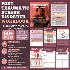 K&ouml;nnte beinhalten: Ein PTSD-Therapie-Arbeitsbuch mit dunkelmarunfarbenem Hintergrund und wei&szlig;em sowie hellrosa Text. Das Cover zeigt eine Person, die ihr Gesicht mit den H&auml;nden bedeckt. Das Layout enth&auml;lt ein Inhaltsverzeichnis, Arbeitsbl&auml;tter und Abschnitte zu Erdungswerkzeugen, Trauma-Erholung und somatischer Reflexion.