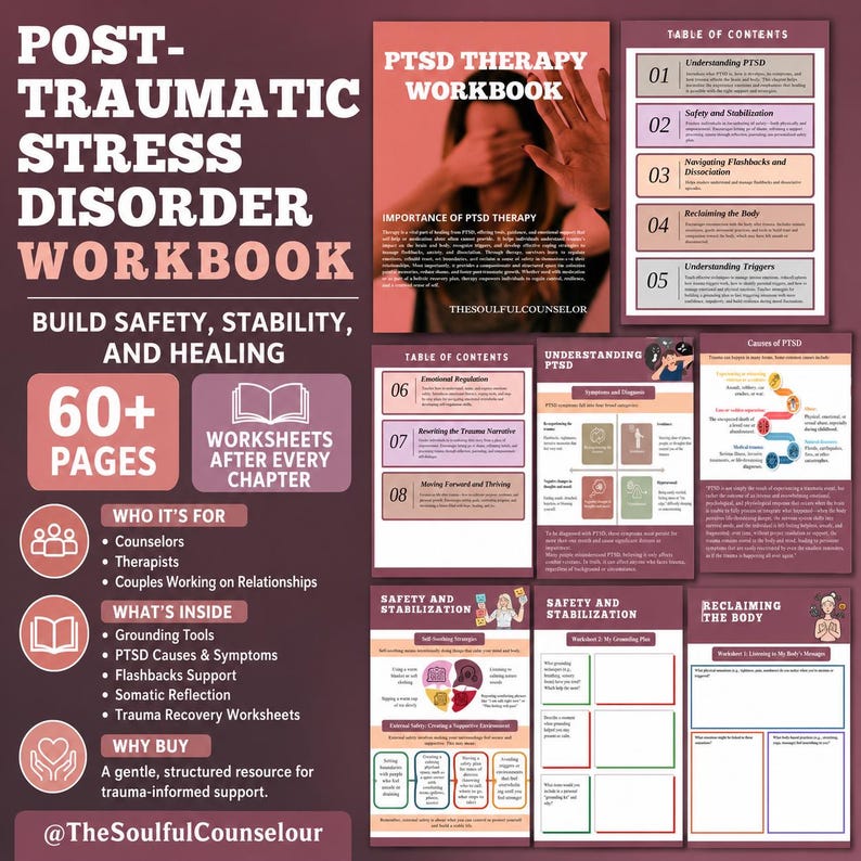 K&ouml;nnte beinhalten: Ein PTSD-Therapie-Arbeitsbuch mit dunkelmarunfarbenem Hintergrund und wei&szlig;em sowie hellrosa Text. Das Cover zeigt eine Person, die ihr Gesicht mit den H&auml;nden bedeckt. Das Layout enth&auml;lt ein Inhaltsverzeichnis, Arbeitsbl&auml;tter und Abschnitte zu Erdungswerkzeugen, Trauma-Erholung und somatischer Reflexion.