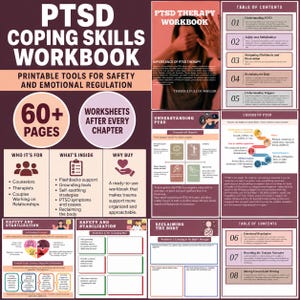 K&ouml;nnte beinhalten: Ein PTSD-Bew&auml;ltigungs-Arbeitsbuch mit &uuml;ber 60 Seiten druckbaren Werkzeugen f&uuml;r Sicherheit und emotionale Regulierung. Das Dokument enth&auml;lt ein Inhaltsverzeichnis sowie Kapitel zu PTSD-Verst&auml;ndnis, Sicherheit, Stabilisierung und K&ouml;rperarbeit.