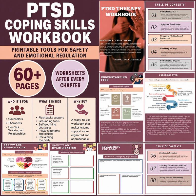 K&ouml;nnte beinhalten: Ein PTSD-Bew&auml;ltigungs-Arbeitsbuch mit &uuml;ber 60 Seiten druckbaren Werkzeugen f&uuml;r Sicherheit und emotionale Regulierung. Das Dokument enth&auml;lt ein Inhaltsverzeichnis sowie Kapitel zu PTSD-Verst&auml;ndnis, Sicherheit, Stabilisierung und K&ouml;rperarbeit.