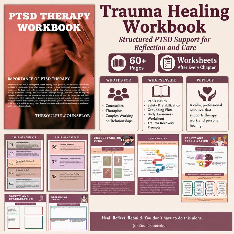 K&ouml;nnte beinhalten: Ein PTSD-Therapie-Arbeitsbuch mit &uuml;ber 60 Seiten strukturierter Unterst&uuml;tzung, Reflexion und Pflege. Das Dokument enth&auml;lt Abschnitte zu PTSD-Grundlagen, Sicherheit, Erdung und K&ouml;rperbewusstsein sowie Arbeitsbl&auml;tter nach jedem Kapitel.