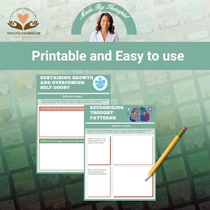 May include: A printable worksheet with the text "Printable and Easy to use" and "Sustaining Growth and Overcoming Self-Doubt". A pencil rests on the worksheet. The image also includes the text "Recognizing Thought Patterns".