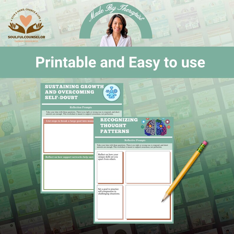 May include: A printable worksheet with the text "Printable and Easy to use" and "Sustaining Growth and Overcoming Self-Doubt". A pencil rests on the worksheet. The image also includes the text "Recognizing Thought Patterns".