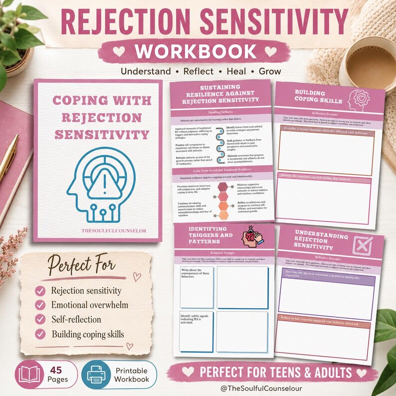 May include: A 45-page printable workbook titled Coping with Rejection Sensitivity, featuring a blue head icon with an exclamation mark. The workbook includes sections for identifying triggers, building coping skills, and understanding sensitivity.