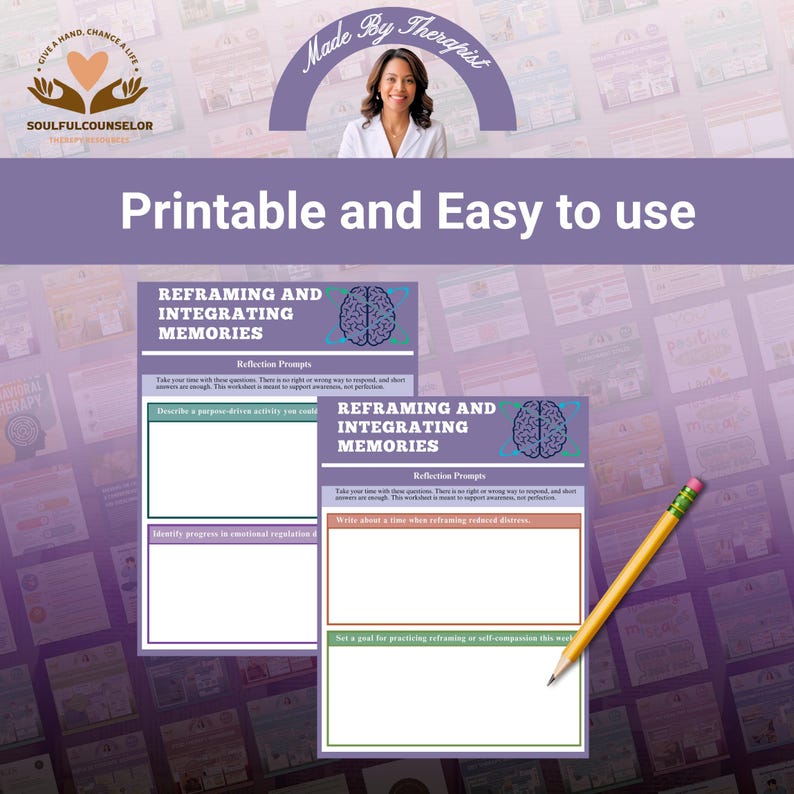 Puede incluir: Una hoja de trabajo imprimible p&uacute;rpura y blanca titulada "Reframing and Integrating Memories" con indicaciones de reflexi&oacute;n. Un l&aacute;piz amarillo descansa sobre la hoja de trabajo. Se muestra el texto "Printable and Easy to use".