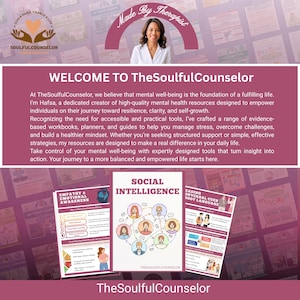 May include: Promotional image for TheSoulfulCounselor featuring a woman and text. The image includes the text "WELCOME TO TheSoulfulCounselor" and three educational guides titled "Empathy & Emotional Awareness", "Social Intelligence", and "Reading Nonverbal Cues Body Language".