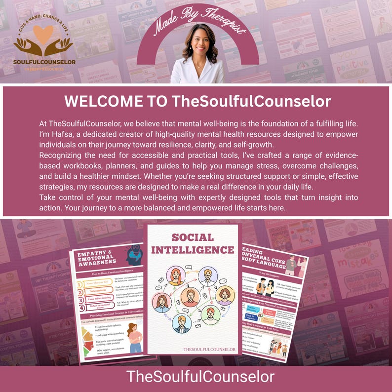 May include: Promotional image for TheSoulfulCounselor featuring a woman and text. The image includes the text "WELCOME TO TheSoulfulCounselor" and three educational guides titled "Empathy & Emotional Awareness", "Social Intelligence", and "Reading Nonverbal Cues Body Language".