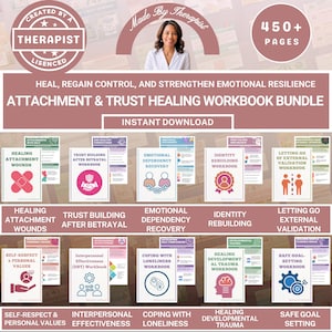 Op de afbeelding: Een bundel werkboeken met de titel "Attachment & Trust Healing Workbook Bundle". De werkboeken behandelen onderwerpen als het genezen van hechtingswonden, herstel van emotionele afhankelijkheid en het stellen van veilige doelen. De afbeelding bevat de tekst "Instant Download" en "450+ Pages".
