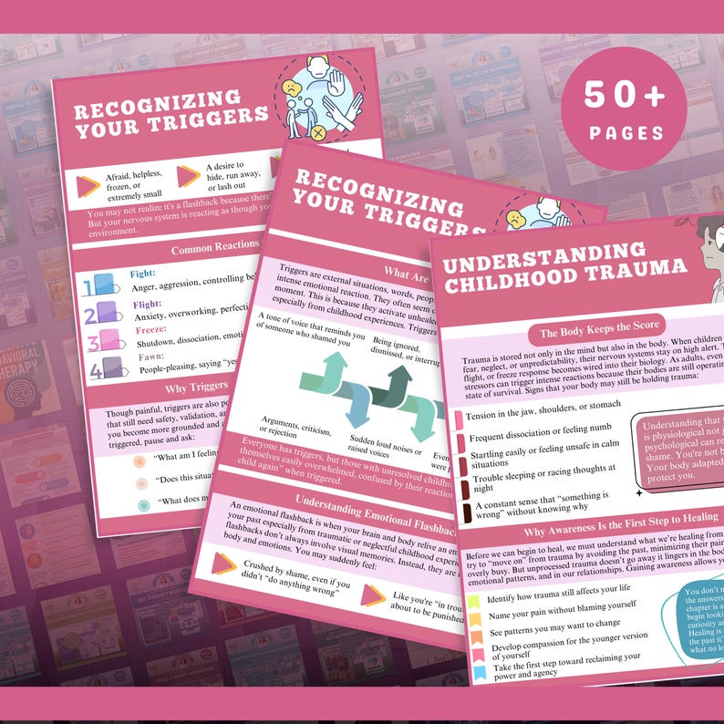 May include: Pink and white educational cards with the titles "Recognizing Your Triggers" and "Understanding Childhood Trauma." The cards contain text and graphics, including arrows and a hand illustration. The words "50+ PAGES" are also visible.