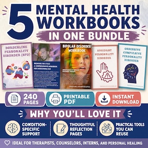 May include: A digital bundle of 5 mental health workbooks featuring titles on Borderline Personality Disorder, OCD, Bipolar Disorder, Avoidant Personality Disorder, and Obsessive Compulsive Personality Disorder. Includes 240 pages, printable PDF format, and instant download.