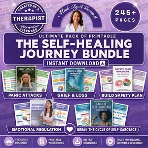May include: A purple digital product bundle titled The Self-Healing Journey Bundle, featuring 245+ pages of printable workbooks and guides. The collection includes resources for panic attacks, grief and loss, safety plans, emotional regulation, and self-sabotage.