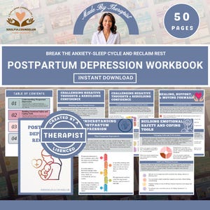 May include: A digital workbook titled "Postpartum Depression Workbook" with the text "Instant Download." The cover features a woman's image and the text "Made by Therapist." The workbook includes 50 pages and focuses on breaking the anxiety-sleep cycle.