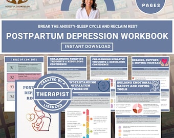 May include: A digital workbook titled "Postpartum Depression Workbook" with the text "Instant Download." The cover features a woman's image and the text "Made by Therapist." The workbook includes 50 pages and focuses on breaking the anxiety-sleep cycle.