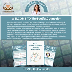 May include: Image features a promotional graphic for TheSoulfulCounselor, with the text "WELCOME TO TheSoulfulCounselor." It includes a photo of a woman and several workbooks, including "HEAL GENERATIONAL TRAUMA WORKBOOK."