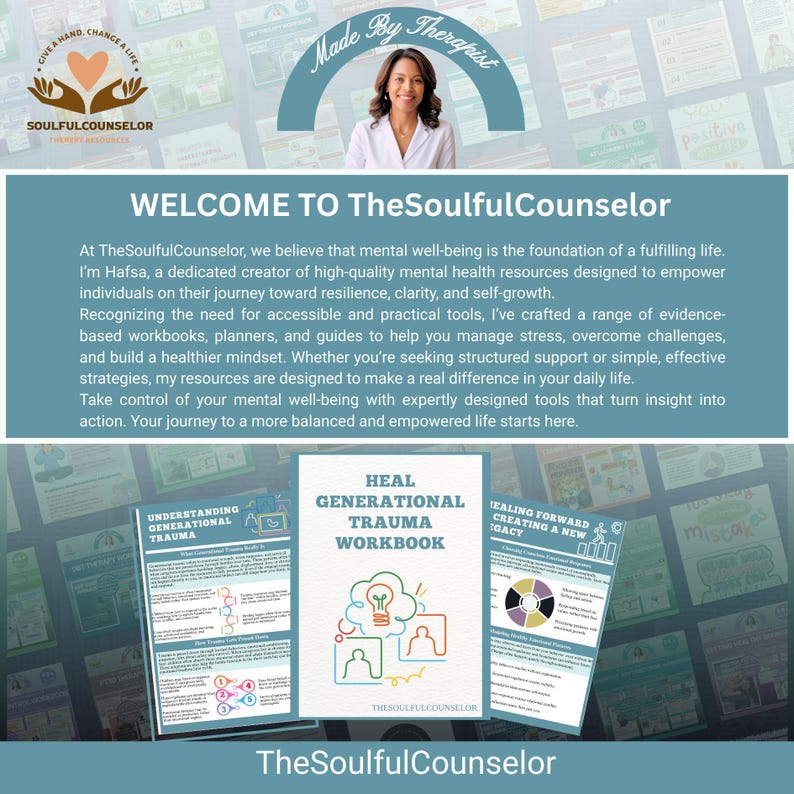 May include: Image features a promotional graphic for TheSoulfulCounselor, with the text "WELCOME TO TheSoulfulCounselor." It includes a photo of a woman and several workbooks, including "HEAL GENERATIONAL TRAUMA WORKBOOK."