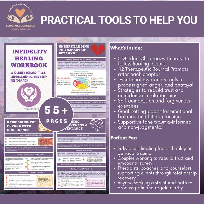 May include: Infidelity Healing Workbook with 55+ pages, offering practical tools for healing and rebuilding trust. Includes guided chapters, journal prompts, and exercises for emotional awareness and self-compassion. Ideal for individuals and couples.