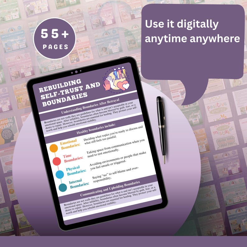 May include: A digital tablet displaying the text "REBUILDING SELF-TRUST AND BOUNDARIES" with a pen. The tablet shows information about healthy boundaries, including emotional, time, physical, and internal boundaries. The image also includes the text "55+ PAGES" and "Use it digitally anytime anywhere."