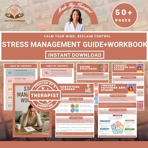May include: A stress management guide and workbook with the text "Stress Management Guide + Workbook" and "Instant Download". The cover features a woman and the text "Made by Therapist". The guide includes sections on coping strategies and thought patterns.