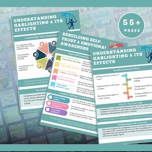 Pu&ograve; includere: Un opuscolo informativo turchese e bianco intitolato "Understanding Gaslighting & Its Effects" con il testo "55+ pagine". L'opuscolo include sezioni sulla consapevolezza emotiva e sulla ricostruzione della fiducia.