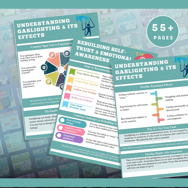 Pu&ograve; includere: Un opuscolo informativo turchese e bianco intitolato "Understanding Gaslighting & Its Effects" con il testo "55+ pagine". L'opuscolo include sezioni sulla consapevolezza emotiva e sulla ricostruzione della fiducia.