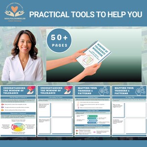 以下が含まれることがあります： Soulful Counselorのプロモーション画像。女性と「Window of Tolerance Workbook」というタイトルのワークブックが写っています。画像には「Practical Tools to Help You」と「50+ Pages」というテキストが含まれています。
