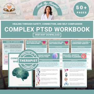 Puede incluir: Un cuaderno de trabajo turquesa y blanco titulado "Complex PTSD Workbook" con el texto "Descarga instantánea". La portada presenta la foto de una mujer y las palabras "Made By Therapist". En el interior hay páginas con diagramas y texto sobre curación y autorregulación.