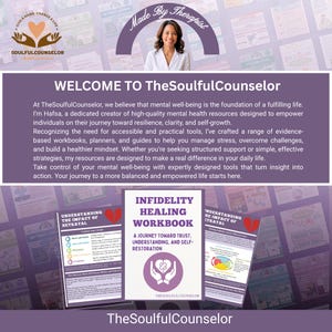 May include: A promotional image for TheSoulfulCounselor, featuring a woman and workbooks. The image includes the text "WELCOME TO TheSoulfulCounselor" and "INFIDELITY HEALING WORKBOOK". The color scheme is primarily purple and white.