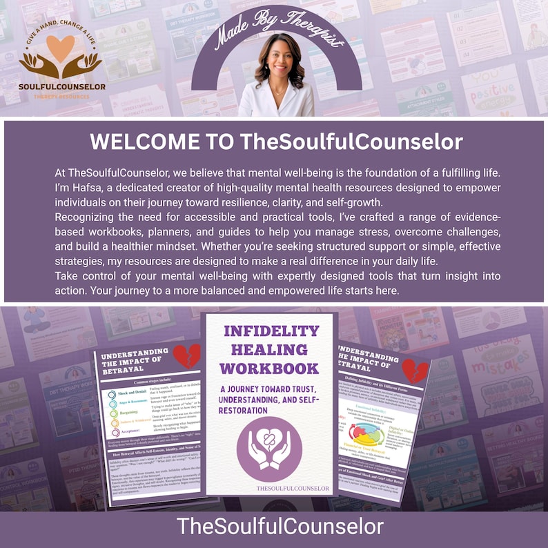 May include: A promotional image for TheSoulfulCounselor, featuring a woman and workbooks. The image includes the text "WELCOME TO TheSoulfulCounselor" and "INFIDELITY HEALING WORKBOOK". The color scheme is primarily purple and white.