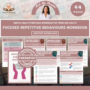 Peut inclure: Un cahier d'exercices imprimable sur la santé mentale pour adolescents et adultes, axé sur les comportements répétitifs. La couverture présente l'image d'une femme et le texte "Made By Therapist". Le cahier comprend 44 pages et est téléchargeable instantanément.