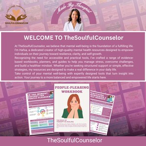 May include: A promotional image for TheSoulfulCounselor, featuring a woman and text. The image includes workbooks and guides for mental well-being, with titles like "People-Pleasing Workbook" and "Practicing Boundaries & Self-Respect."