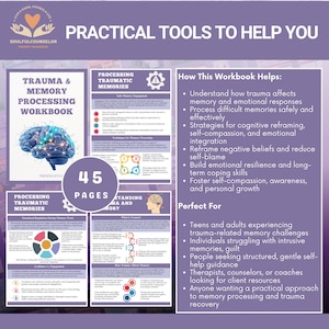 Cover image of Trauma & Memory Processing Workbook with calming colors

Sample chapter pages showing reflective worksheets for teens and adults

Printable PDF workbook for processing traumatic memories safely

Therapeutic guide for trauma recovery and emotional regulation

Workbook for reframing and integrating difficult memories