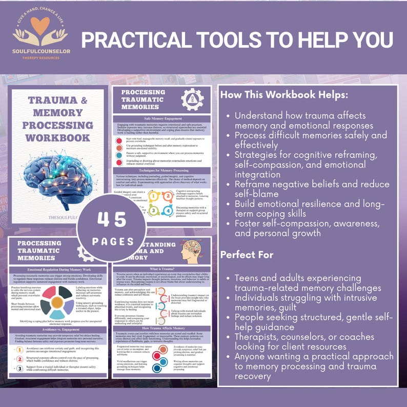 Cover image of Trauma & Memory Processing Workbook with calming colors

Sample chapter pages showing reflective worksheets for teens and adults

Printable PDF workbook for processing traumatic memories safely

Therapeutic guide for trauma recovery and emotional regulation

Workbook for reframing and integrating difficult memories