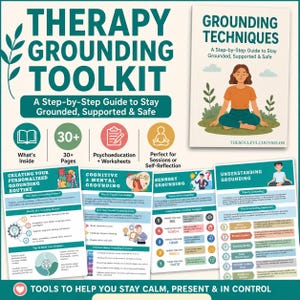 May include: A therapy grounding toolkit guide featuring a book cover with a person sitting in a meditative pose. The set includes multiple informational pages covering cognitive, mental, and sensory grounding techniques, worksheets, and routine planners.