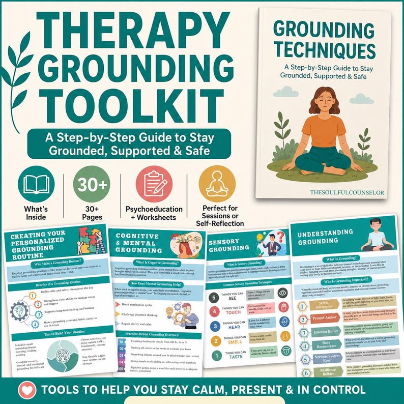 May include: A therapy grounding toolkit guide featuring a book cover with a person sitting in a meditative pose. The set includes multiple informational pages covering cognitive, mental, and sensory grounding techniques, worksheets, and routine planners.