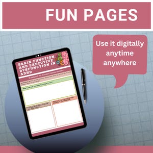 Puede incluir: Una tableta muestra una hoja de trabajo digital con el texto "BRAIN FUNCTION AND EXECUTIVE DYSFUNCTION IN ADHD". Un bol&iacute;grafo negro descansa junto a la tableta. La imagen tambi&eacute;n incluye el texto "FUN PAGES" y "Use it digitally anytime anywhere".