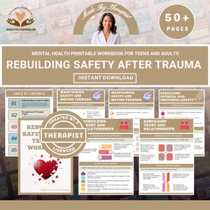 Puede incluir: Un cuaderno de trabajo imprimible sobre salud mental para adolescentes y adultos, "Reconstruyendo la seguridad después del trauma". La portada presenta una imagen de terapeuta, el texto "Made by Therapist" y un corazón. Más de 50 páginas, descarga instantánea.