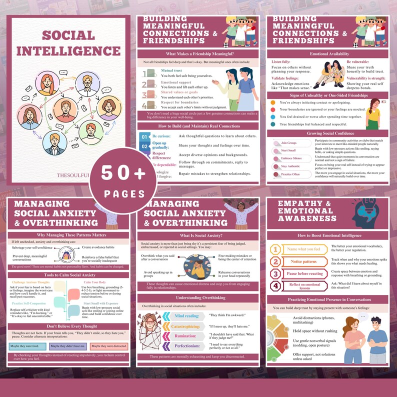 social intelligence workbook, emotional awareness journal, communication skills for teens, social anxiety help, therapist tools printable, social emotional learning PDF, empathy workbook, overthinking help, body language guide, digital therapy worksheets, printable mental health resource, conversation confidence workbook, social skills for adults