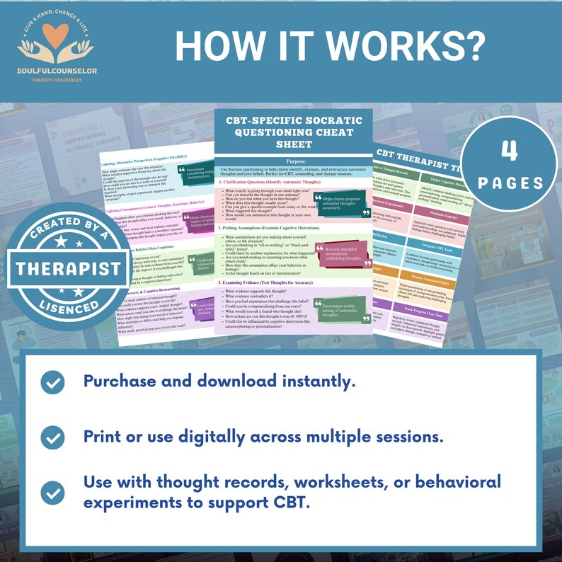 CBT Socratic Questioning Cheat Sheet: Therapist Cognitive Restructuring ...