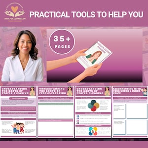 people pleasing workbook, people pleaser recovery, set boundaries workbook, self worth workbook, saying no workbook, assertiveness journal, emotional healing workbook, printable therapy workbook, self help for people pleasers, reclaim your voice, stop people pleasing, personal growth journal, trauma healing resources, inner child workbook, boundary setting