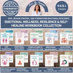 Può includere: Raccolta di quaderni incentrati sul benessere emotivo, la resilienza e l'autoguarigione. L'immagine presenta l'approvazione di un terapista, una foto di una donna e il testo "450+ pagine". I quaderni trattano argomenti come la transizione della vita e la resilienza emotiva.