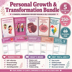 Può includere: Un pacchetto digitale di cinque quaderni di esercizi intitolato Personal Growth & Transformation Bundle, con oltre 250 pagine stampabili. Il set include copertine e schede di lavoro su lavoro d'ombra, crisi d'identità e risoluzione dei problemi.