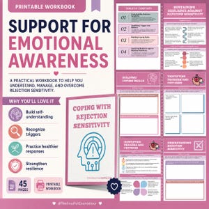 May include: A printable workbook titled Support for Emotional Awareness, featuring a 45-page guide on coping with rejection sensitivity. The layout includes a table of contents, sections for building coping skills, identifying triggers, and resilience.