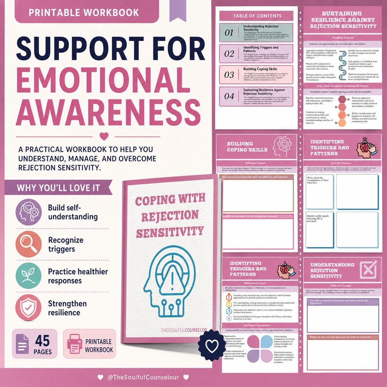 May include: A printable workbook titled Support for Emotional Awareness, featuring a 45-page guide on coping with rejection sensitivity. The layout includes a table of contents, sections for building coping skills, identifying triggers, and resilience.