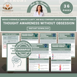 May include: A 36-page digital therapy resource titled Thought Awareness Without Obsession, featuring a table of contents, worksheets on building healthy thought habits, and understanding thought awareness, with a brain icon and therapist branding.