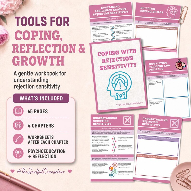 May include: A workbook titled Tools for Coping, Reflection & Growth with pink and white pages featuring text about rejection sensitivity, including sections on coping skills, triggers, and patterns, with icons and blank spaces for writing responses.