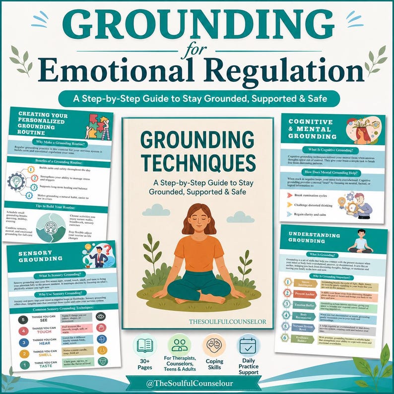 May include: A digital guide titled Grounding for Emotional Regulation featuring a central book cover with a person in a seated pose, surrounded by four informational pages detailing grounding techniques, sensory grounding, and cognitive mental grounding.