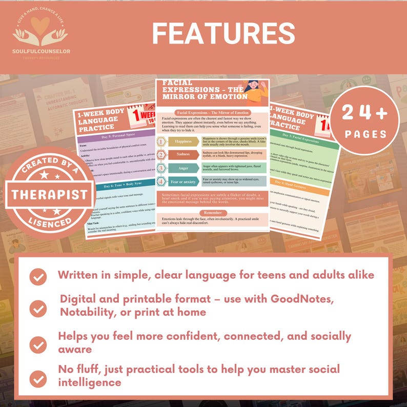 body language workbook, social intelligence planner, posture and presence guide, facial expression reading, eye contact practice sheet, personal space awareness tool, gesture communication skills, weekly social practice planner, teen communication workbook, printable body language guide, digital nonverbal skills workbook