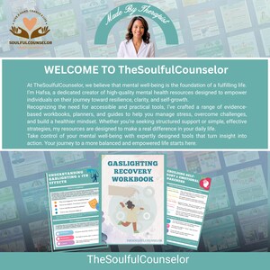 Pu&ograve; includere: Immagine promozionale per TheSoulfulCounselor, con una donna e del testo. L'immagine include quaderni di lavoro e guide per il benessere mentale, con titoli come "Gaslighting Recovery Workbook" e "Understanding Gaslighting & Its Effects."