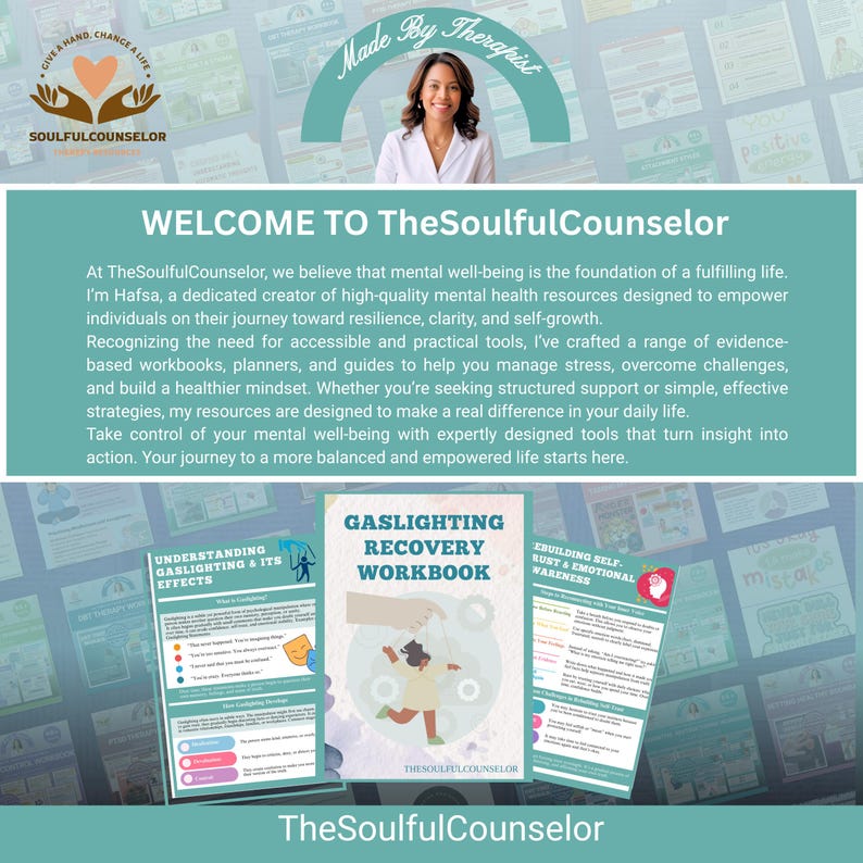 Pu&ograve; includere: Immagine promozionale per TheSoulfulCounselor, con una donna e del testo. L'immagine include quaderni di lavoro e guide per il benessere mentale, con titoli come "Gaslighting Recovery Workbook" e "Understanding Gaslighting & Its Effects."
