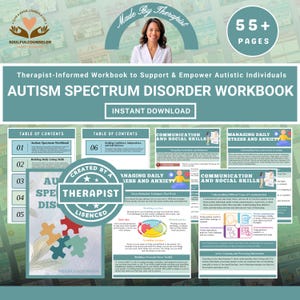 Könnte beinhalten: Ein Arbeitsbuch mit dem Titel "Autism Spectrum Disorder Workbook" mit dem Text "Sofort-Download". Das Cover zeigt eine Frau und die Worte "Made by Therapist". Es enthält Seiten zu Kommunikation, Stress und Fähigkeiten des täglichen Lebens. 55+ Seiten.